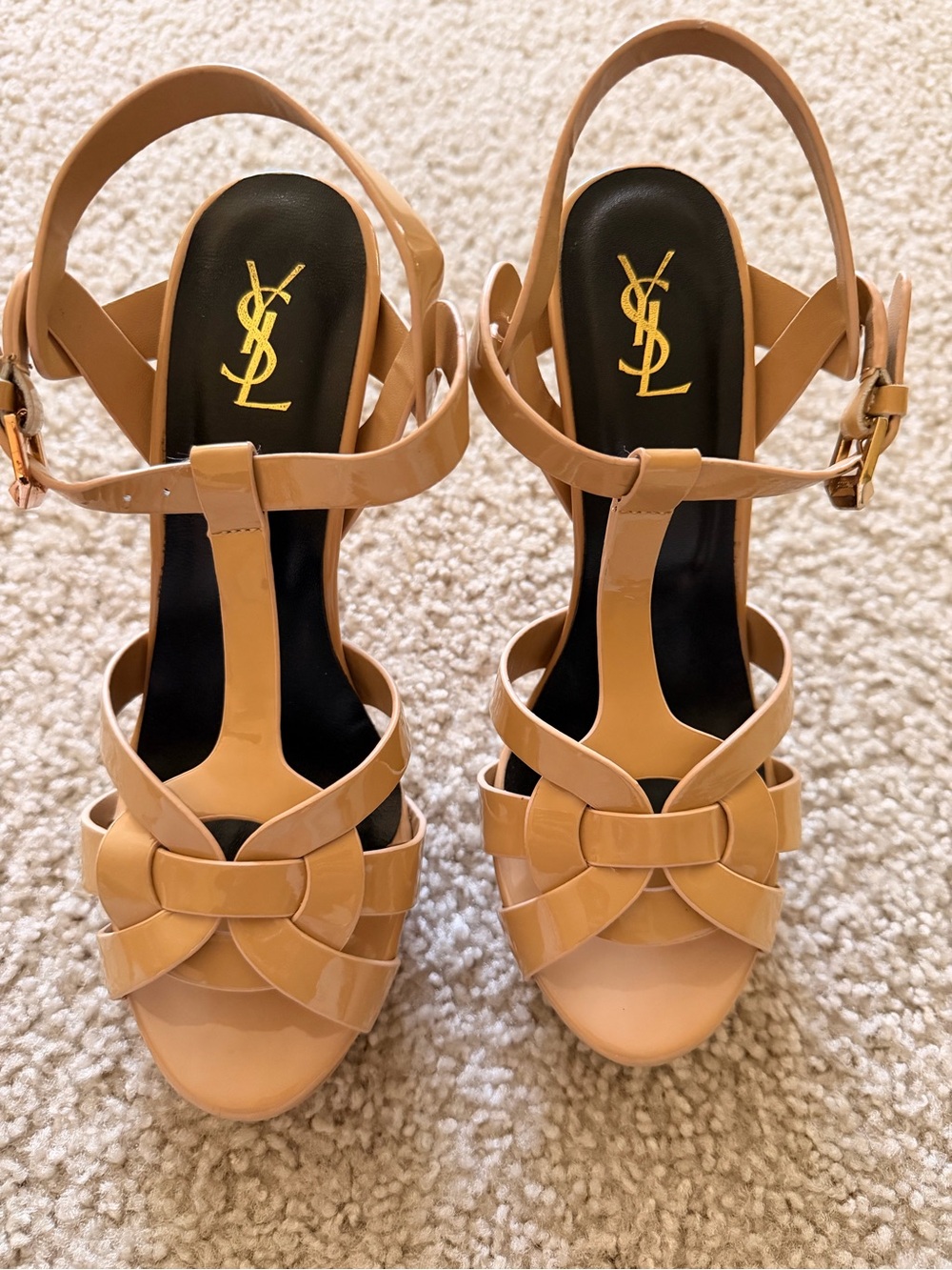 Saint Laurent Nude Patent T-Strap Platform Sandals with Knot Detail
